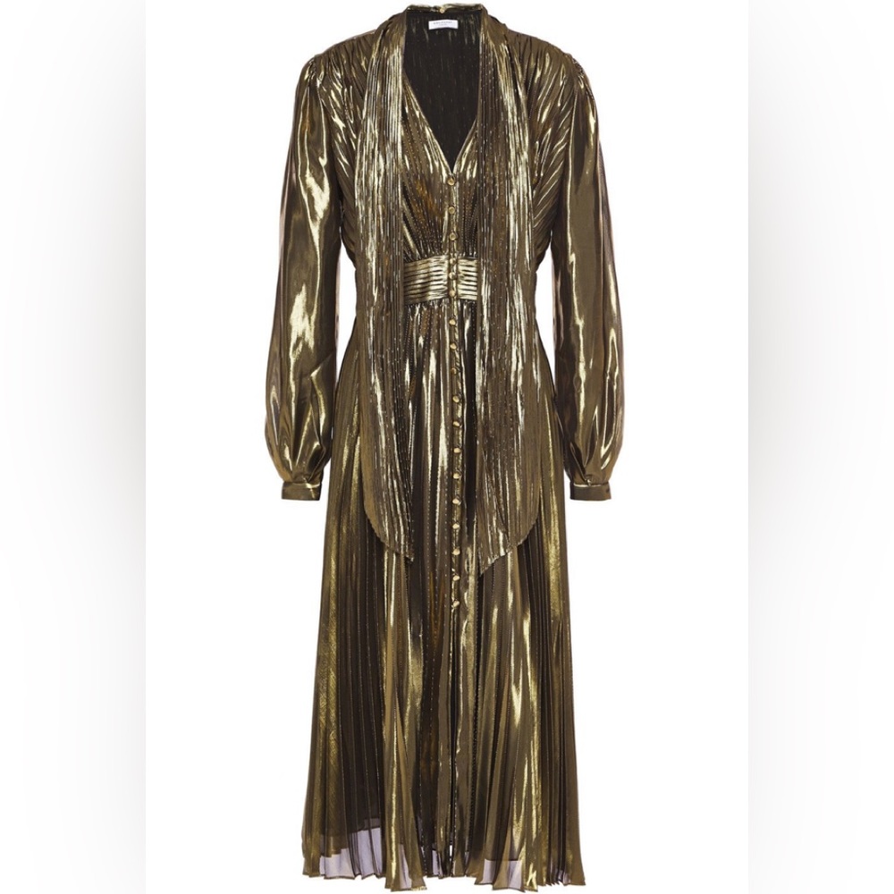 Equipment Woman Macin Pleated Silk Blend Lamé Midi Dress Gold Size 12